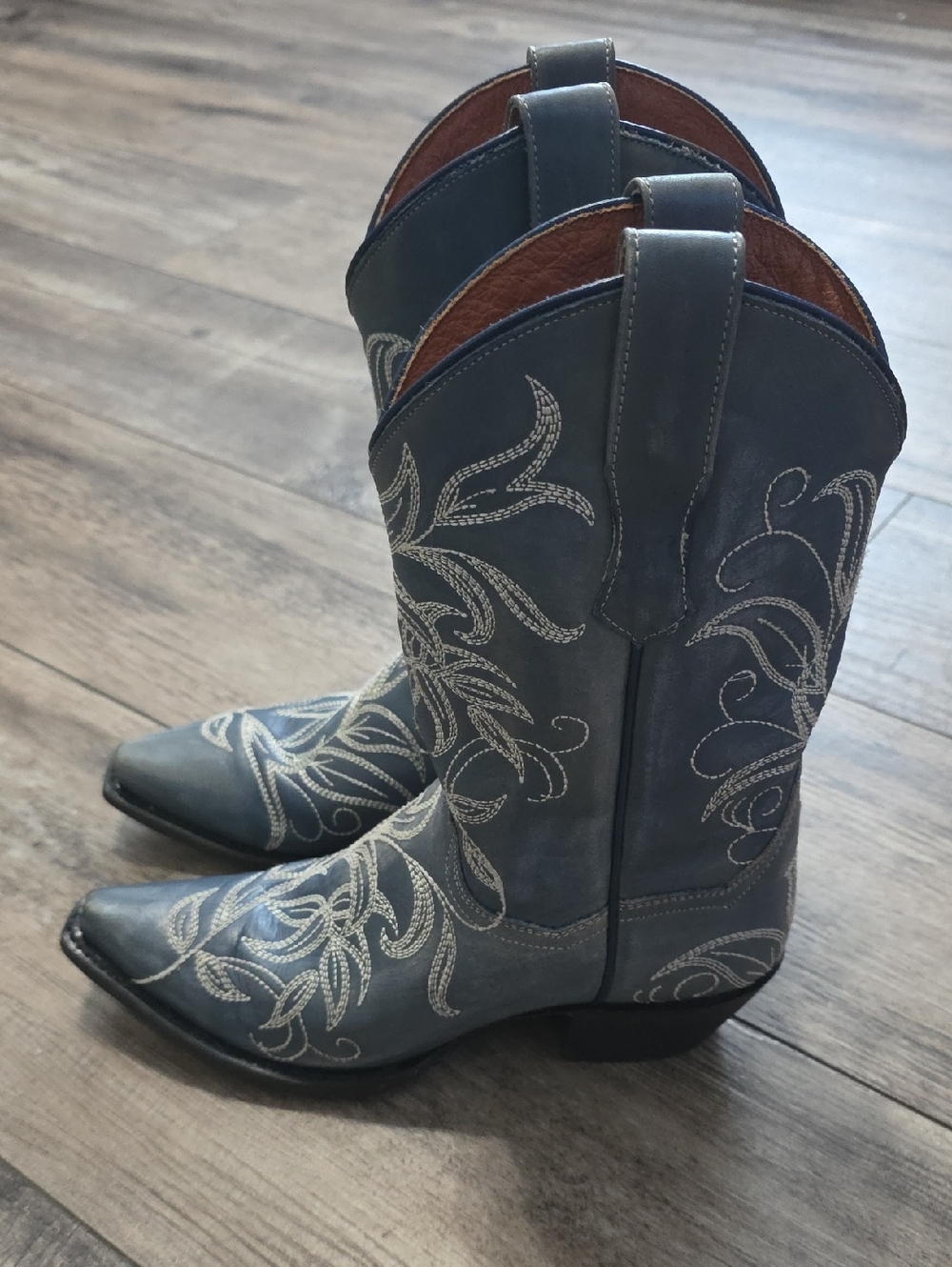  Dan Post Ladies Blue Cowboy Boots With White Embroider